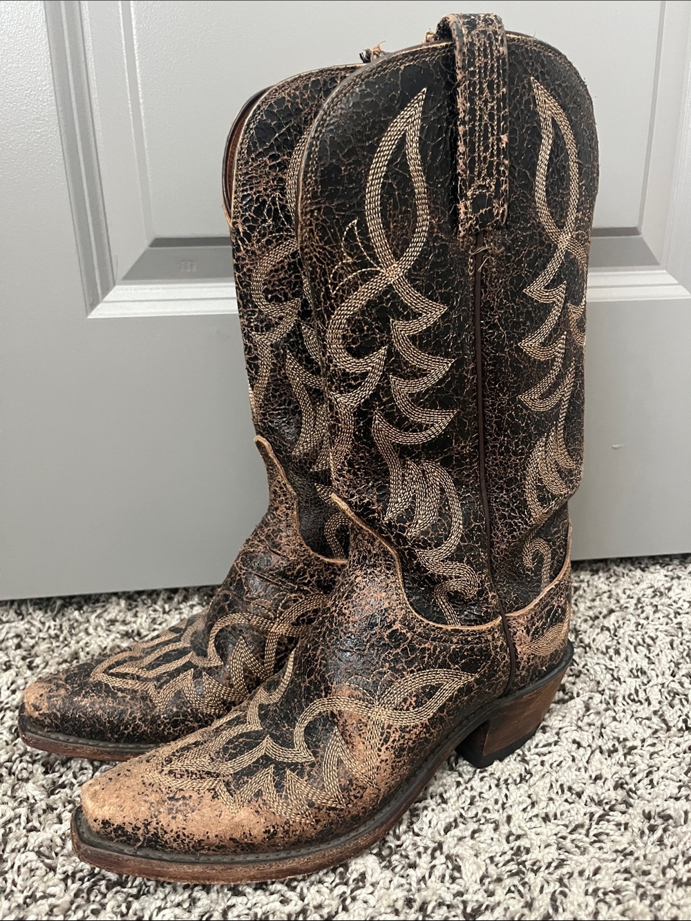 LUCCHESE 1883 Distressed Noche Brown Crackle Cowboy Boots